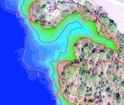 Excerpt from GIS map showing elevation contour lines, color coded elevations below 
the plateau, and aerial imagery for the plateau
